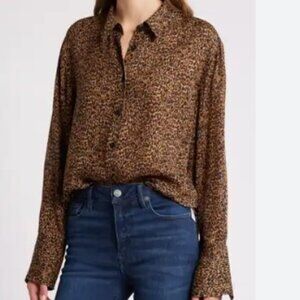 Printed Satin Button-Up Shirt size medium contemporaine